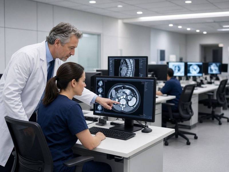 Consultant working with a technologist in a hospital radiology department