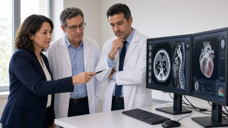 Consultant with a radiologist and a cardiologist at a PACS workstation