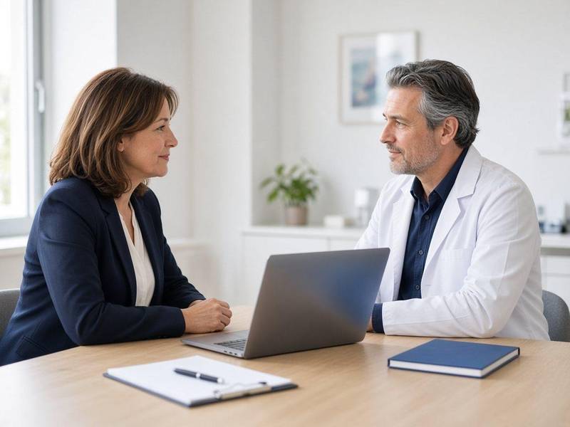 Two professionals in conversation in a hospital consulting room