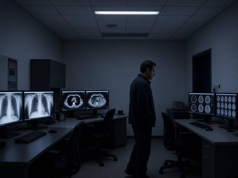 Hospital radiology reading room with diagnostic workstations in use