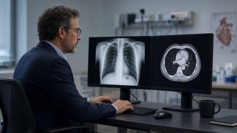 Radiologist at a dual-monitor diagnostic workstation in a hospital reading room