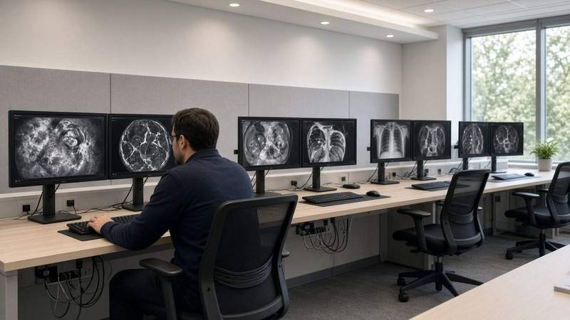 Diagnostic workstations being prepared in a hospital reading room