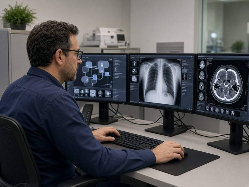 PACS administrator working at a hospital workstation