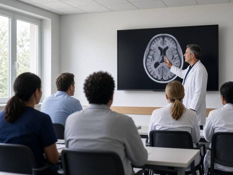 Instructor leading a training session for radiologists and technologists